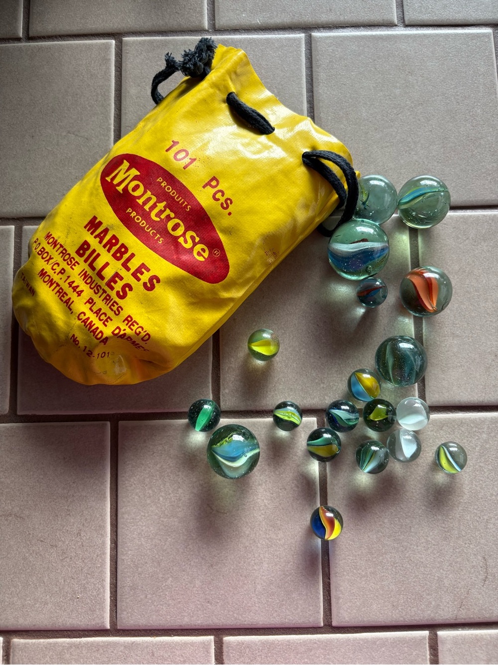 Vintage Montrose Marbles Set - 101 Pcs,  Original Yellow Vinyl Bag 1970s/1980s